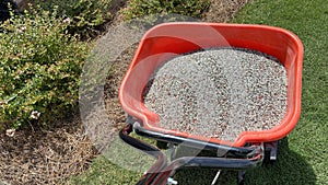 Lawn spreader loaded with granular fertilizer.