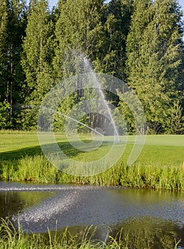 Lawn Sprinkler in Action. Garden Sprinkler Watering Grass. Automatic Sprinklers. Near lake.