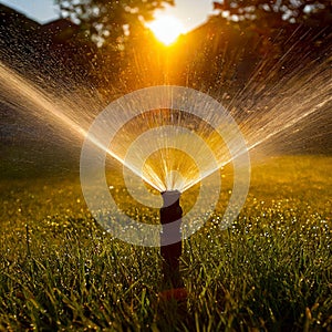 Lawn sprinkler spraying water droplets in the sunlight on a vibrant green lawn.