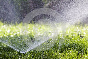 Lawn water sprinkler spraying water over grass in garden on a hot summer day. Automatic watering lawns. Gardening and environment