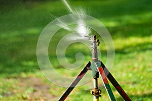 Lawn water sprinkler spraying water over lawn green fresh grass in garden on hot summer day.