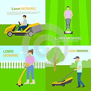 Lawnmower banner set, flat style