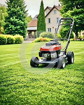 Lawnmower on freshly mowed lawn in front of suburban house