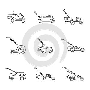 Lawnmower grass garden icons set, outline style
