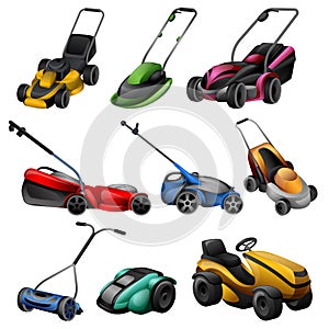 Lawnmower icons set cartoon vector. Roller lawn
