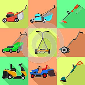 Lawnmower icons set, flat style