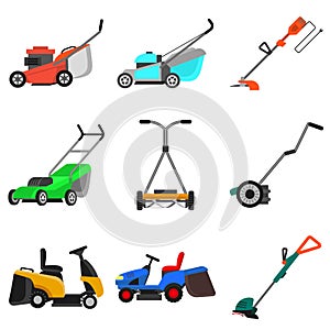 Lawnmower icons set, flat style