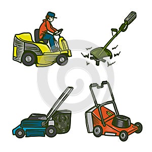 Lawnmower icons set, hand drawn style