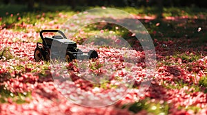 Lawnmower on lawn strewn with pink sakura petals or other flowers. Generative AI