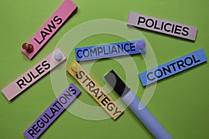 Laws, Compliance, Policies, Rules, Strategy, Regulations, Control text on sticky notes isolated on green desk. Mechanism Strategy photo
