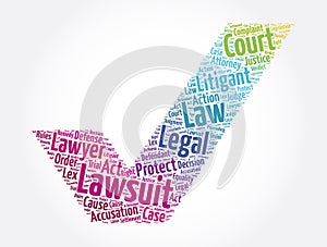 Lawsuit check mark word cloud collage, law concept background