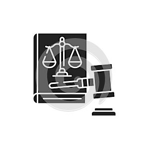 Lawsuit glyph black icon. Judiciary concept. Gavel, scales of justice on book element. Sign for web page, mobile app, button, logo