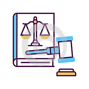 Lawsuit line color icon. Judiciary concept. Gavel, scales of justice on book element.