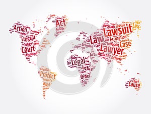 Lawsuit word cloud in shape of world map, law concept background