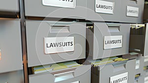 LAWSUITS text on the drawers of a file cabinet, 3d rendering