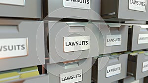 LAWSUITS text on the drawers of a file cabinet, looping 3d animation