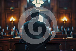 Lawyer addressing a courtroom during a trial session