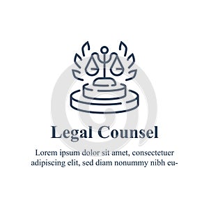 Lawyer or advocate firm, law services, legal councilor, court procedure