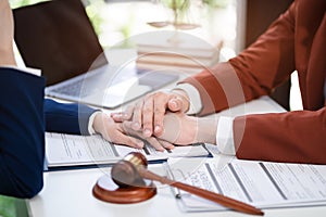 Lawyer comforts his clients with legal advice and serious stress trust commitment for justice issues and lawyer concepts