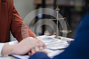 Lawyer comforts his clients with legal advice and serious stress trust commitment for justice issues and lawyer concepts