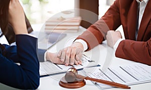 Lawyer comforts his clients with legal advice and serious stress trust commitment for justice issues and lawyer concepts