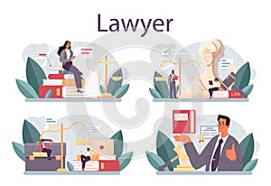 Lawyer concept set. Law advisor or consultant, advocate defending