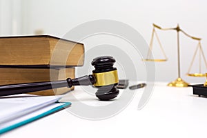 Lawyer desk room office with gavel equipment.