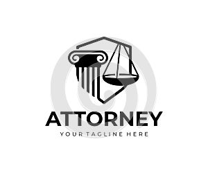 Lawyer firm logo design. Pillar, scales of justice and shield vector design