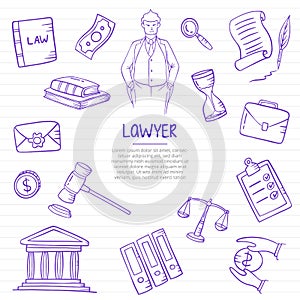 Lawyer job or jobs profession doodle hand drawn with outline style on paper books line