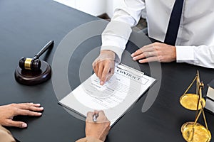Lawyer or judge present client with contract document papers, Law and Legal services concept