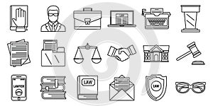 Lawyer justice icons set, outline style