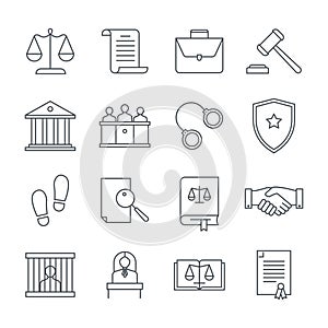 Lawyer and law linear icons set. Consideration of petitions, declarations, investigation of cases, legalization of