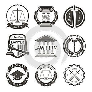 Lawyer and law office logo, emblem labels vector
