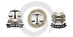 Lawyer, law office logo or label. Legal services, justice, judicial scales symbol. Vector