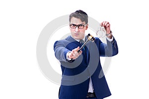 The lawyer law student with a gavel isolated on white background