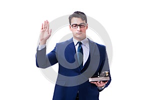 The lawyer law student with a gavel isolated on white background