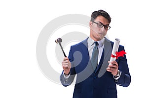 The lawyer law student with a gavel isolated on white background