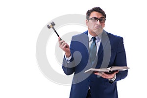 The lawyer law student with a gavel isolated on white background