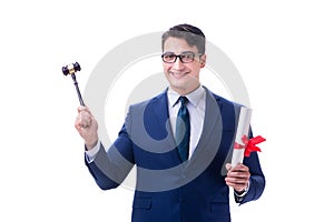 The lawyer law student with a gavel isolated on white background