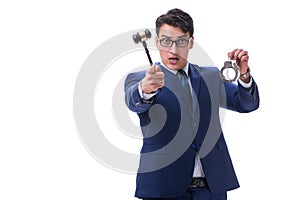 The lawyer law student with a gavel isolated on white background