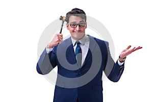 The lawyer law student with a gavel isolated on white background