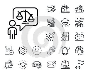 Lawyer line icon. Court judge sign. Salaryman, gender equality and alert bell. Vector