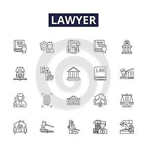 Lawyer line vector icons and signs. Attorney, Barrister, Solicitor, Counsellor, Mediator, Negotiator, Jurist