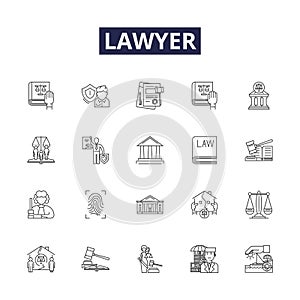Lawyer line vector icons and signs. Attorney, Barrister, Solicitor, Counsellor, Mediator, Negotiator, Jurist photo