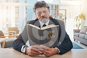 Lawyer, man and reading book in office for legal information, knowledge and business research, compliance or rules