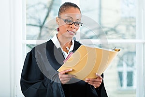 Lawyer in office with dossier standing an window