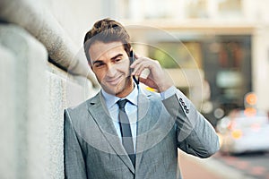 Lawyer, outdoor and man with phone call in city to client with networking communication and contact. Attorney, smile or