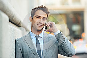 Lawyer, outdoor and portrait of man with phone call in city networking with communication to client. Attorney, smile or