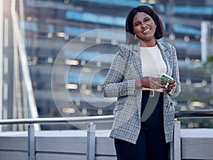 Lawyer portrait, phone and black woman in city, urban or outdoor balcony. Face, smartphone and happy female professional