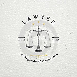 Lawyer services. Law office. The judge, the district attorney, the lawyer of vintage labels. Old retro vintage grunge. Typographic